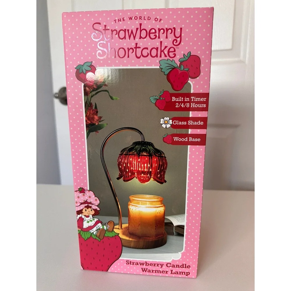 Strawberry Shortcake Candle Warmer Lamp Red Pink New Glass Shade Wood Base Timer